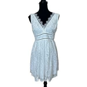 Minuet White Cotton Lace Fit Flare Mini Dress LARGE Embroidered Romantic $99 NEW